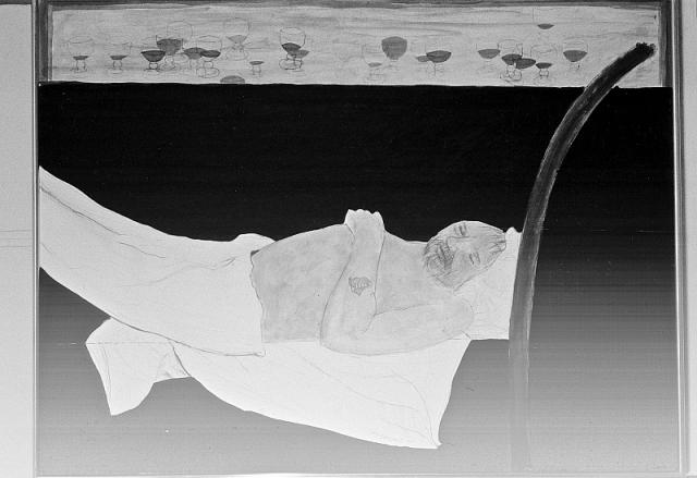 Baronen i Jeppes seng 1984, acryl på papir klæbet på lærre