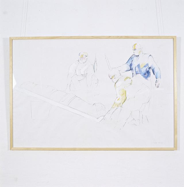 3 mænd ved båre, 1987-88, tegning, blyant/farvekridt