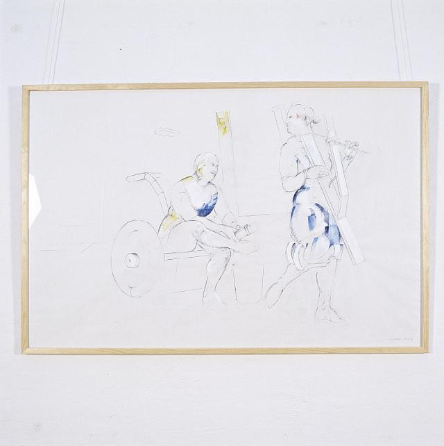 Kvinde med instrument, 1987-88, tegning, blyant/farvekridt