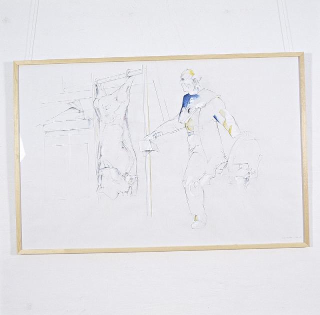 Mænd med oksekrop, 1987/88, tegning,blyant/farvekridt
