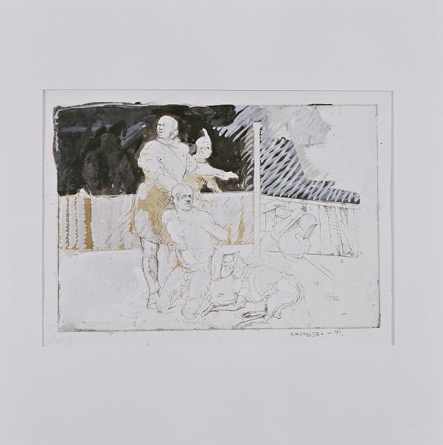 Kvinde danser for hund, 1989, radering m/sepia og hvidt