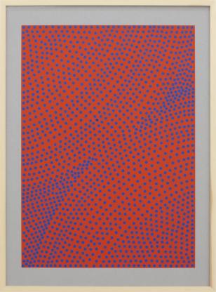 Untitled (colliding planets/spot on/blue dots on red paper)