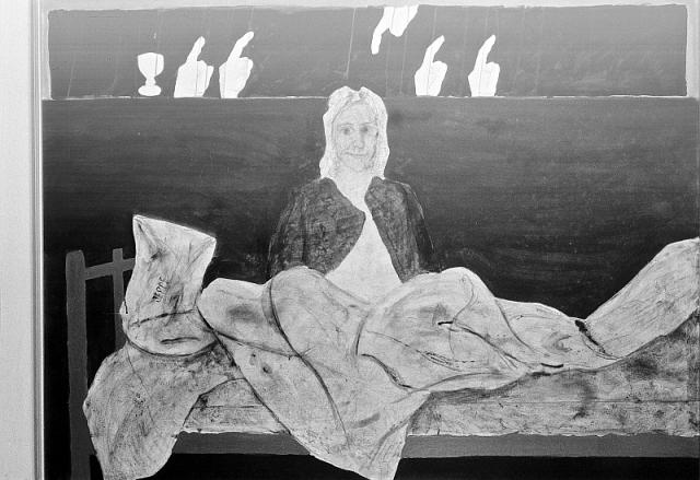 Jeppe i baronens seng 1984, acryl på papir klæbet på lærre