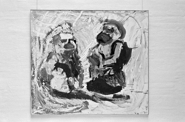 Abe og hund, 1985, olie på lærred