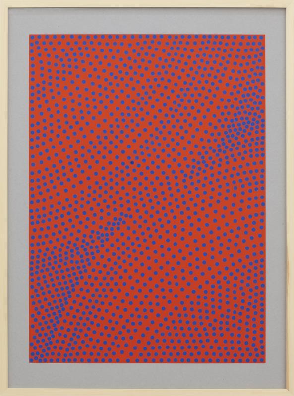 Untitled (colliding planets/spot on/blue dots on red paper)