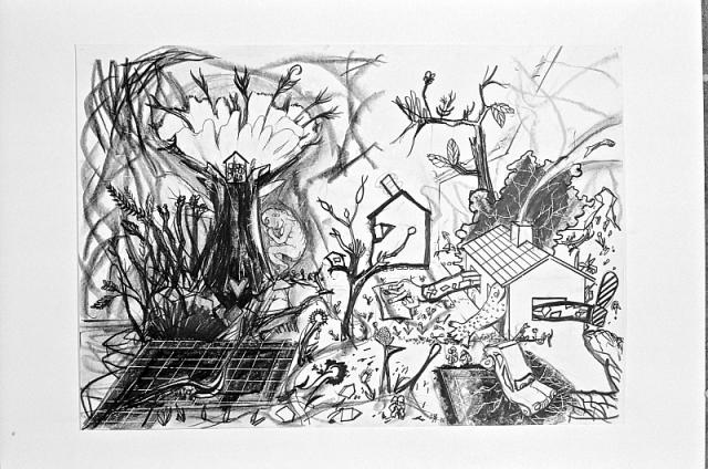 Fugle på sti, 1986, tegning/blyant