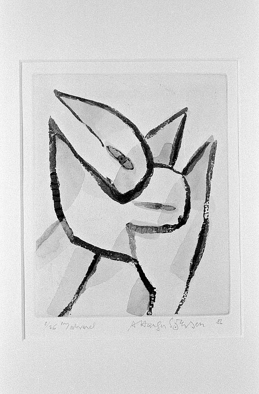 Fugl og kat, 1986, ætsning m/akvarel