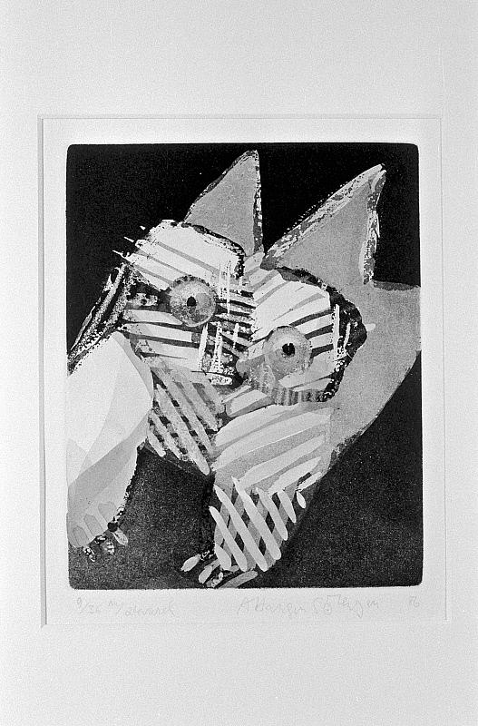 Fugl og kat, 1986, ætsning m/akvarel